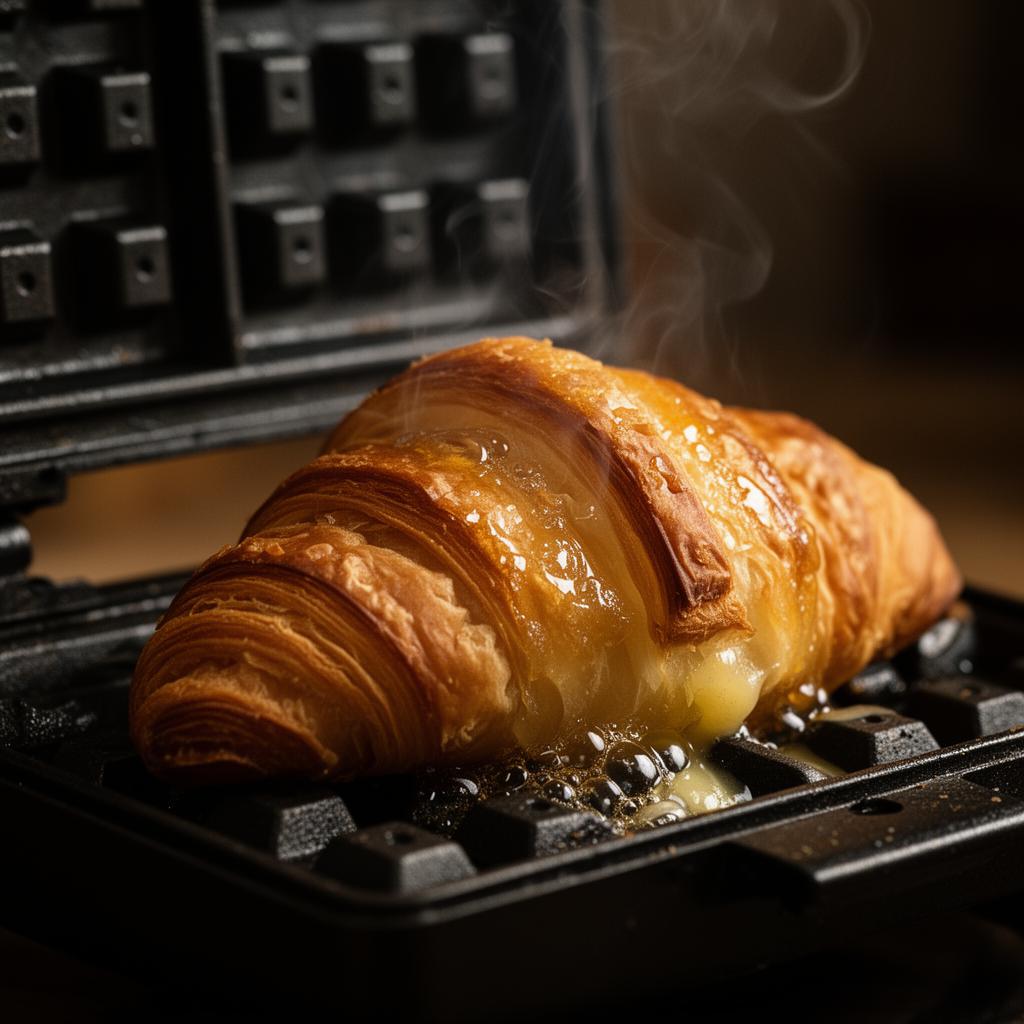 A croissant being pressed into a hot waffle iron with steam rising